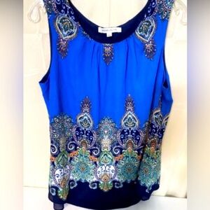 Rose & Olive Blue Sleeveless Blouse with Intricate Patterns